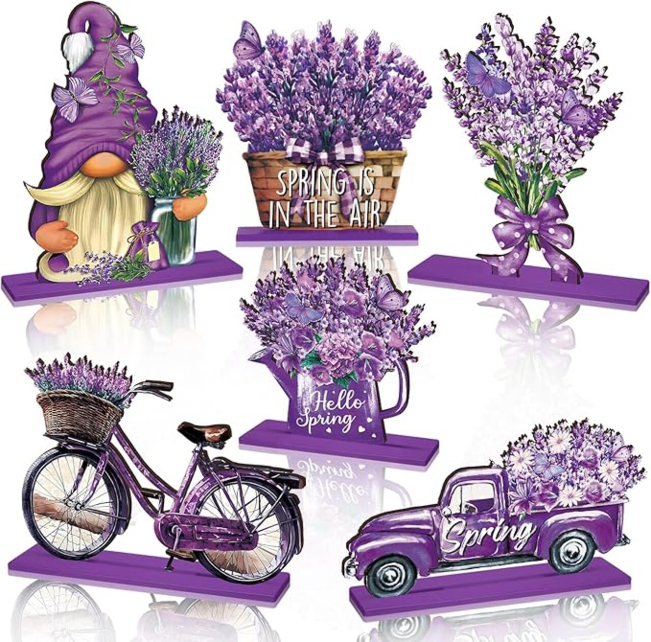 6-Piece Spring Lavender Tiered Tray Decor - Rustic Purple Wooden Signs & Farmhouse Table Centerpieces - Freestanding Botanical Block Set for Home, Kitchen & Shelf Decor
